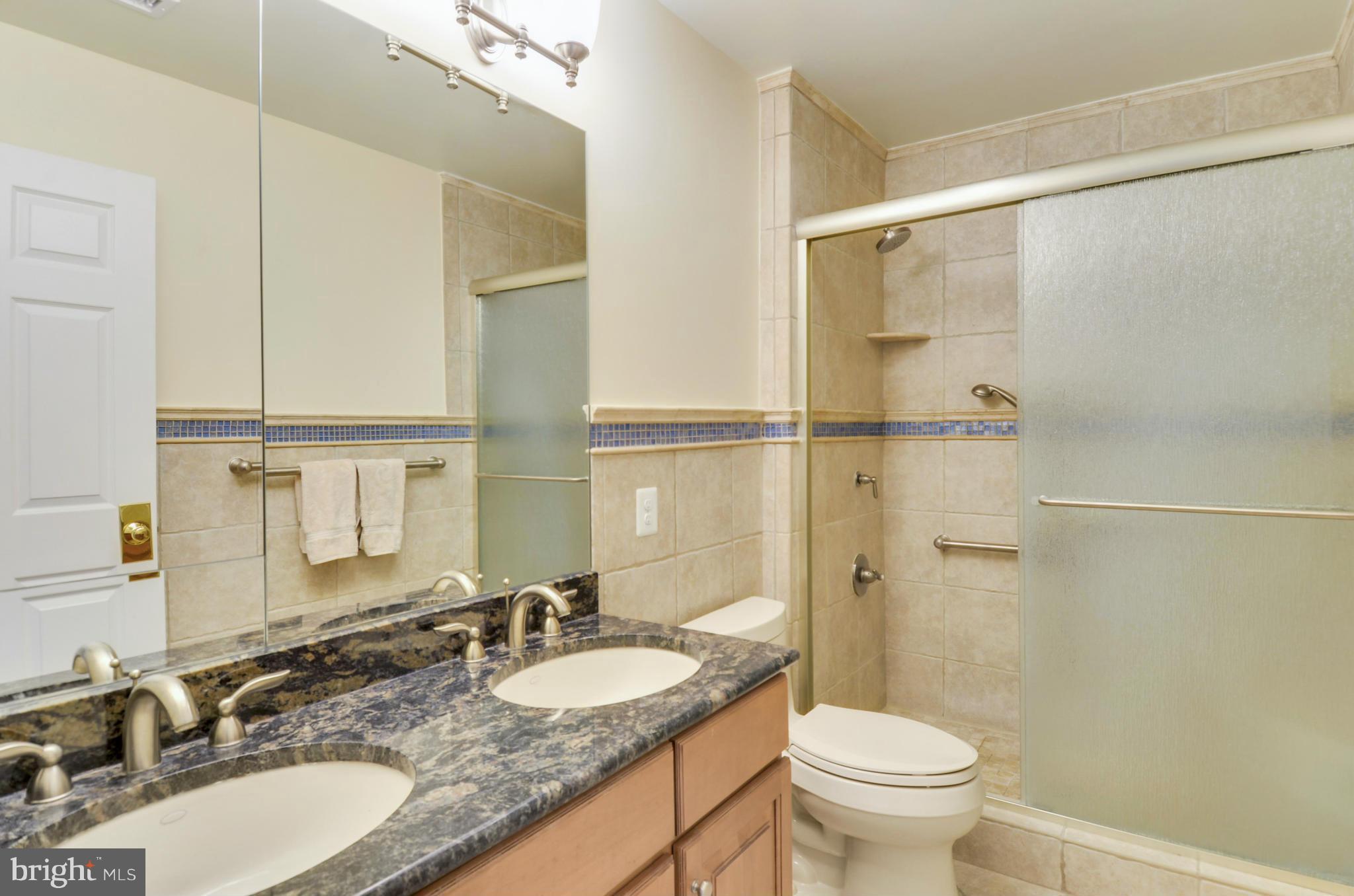 1327 Dasher Lane Reston, VA 20190 - Photo 25 of 30 a bathroom with a granite countertop sink toilet a mirror and shower