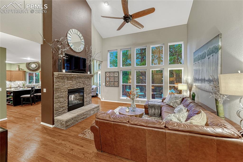 15585 Falcon Ridge Court Colorado Springs, CO 80921 - Photo 5 of 50 a living room with furniture a fireplace and a large window