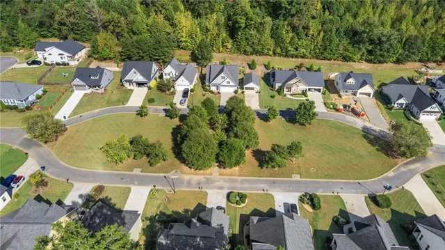 an aerial view of a swimming pool
