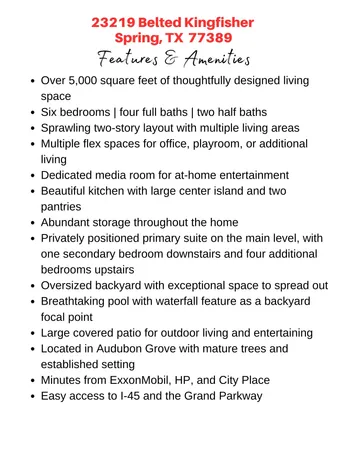 $875,000 | 23219 Belted Kingfisher Trail, Spring, TX 77389