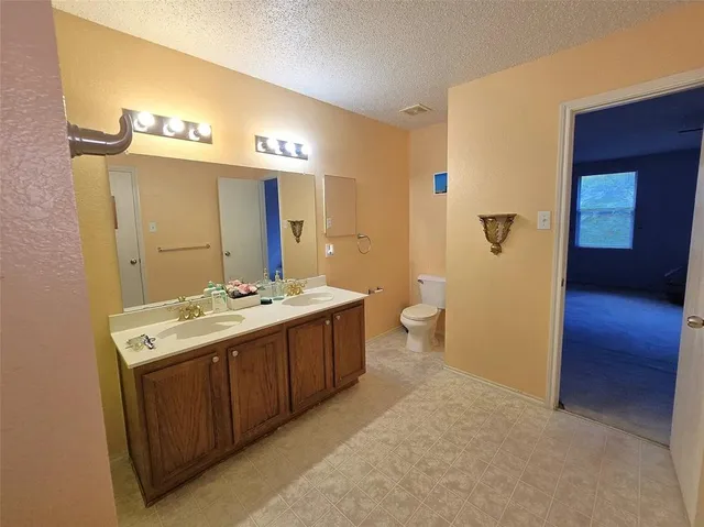 a bathroom with a sink a toilet and mirror