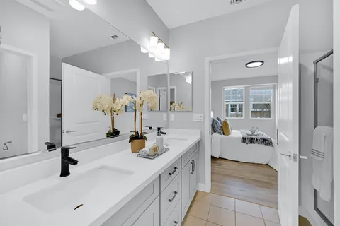 a bathroom with a double vanity sink a mirror and a shower