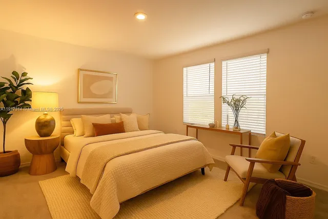 a bedroom with a bed and a large window