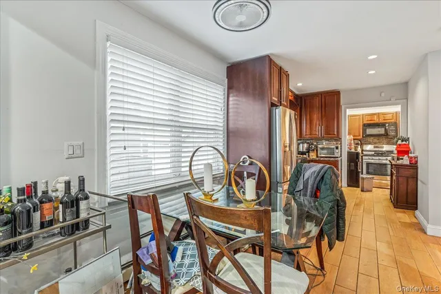 a view of a dining room with furniture