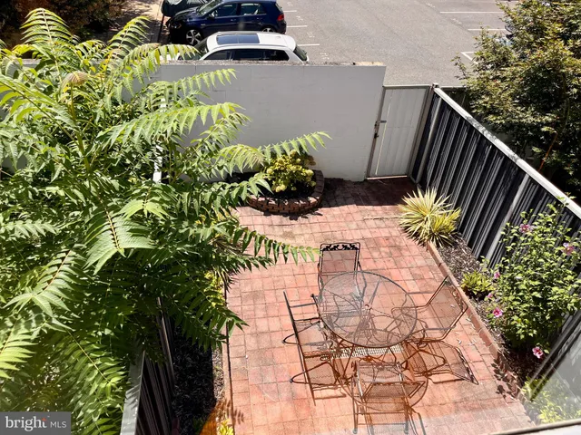 a view of a garden with flowers and potted plants