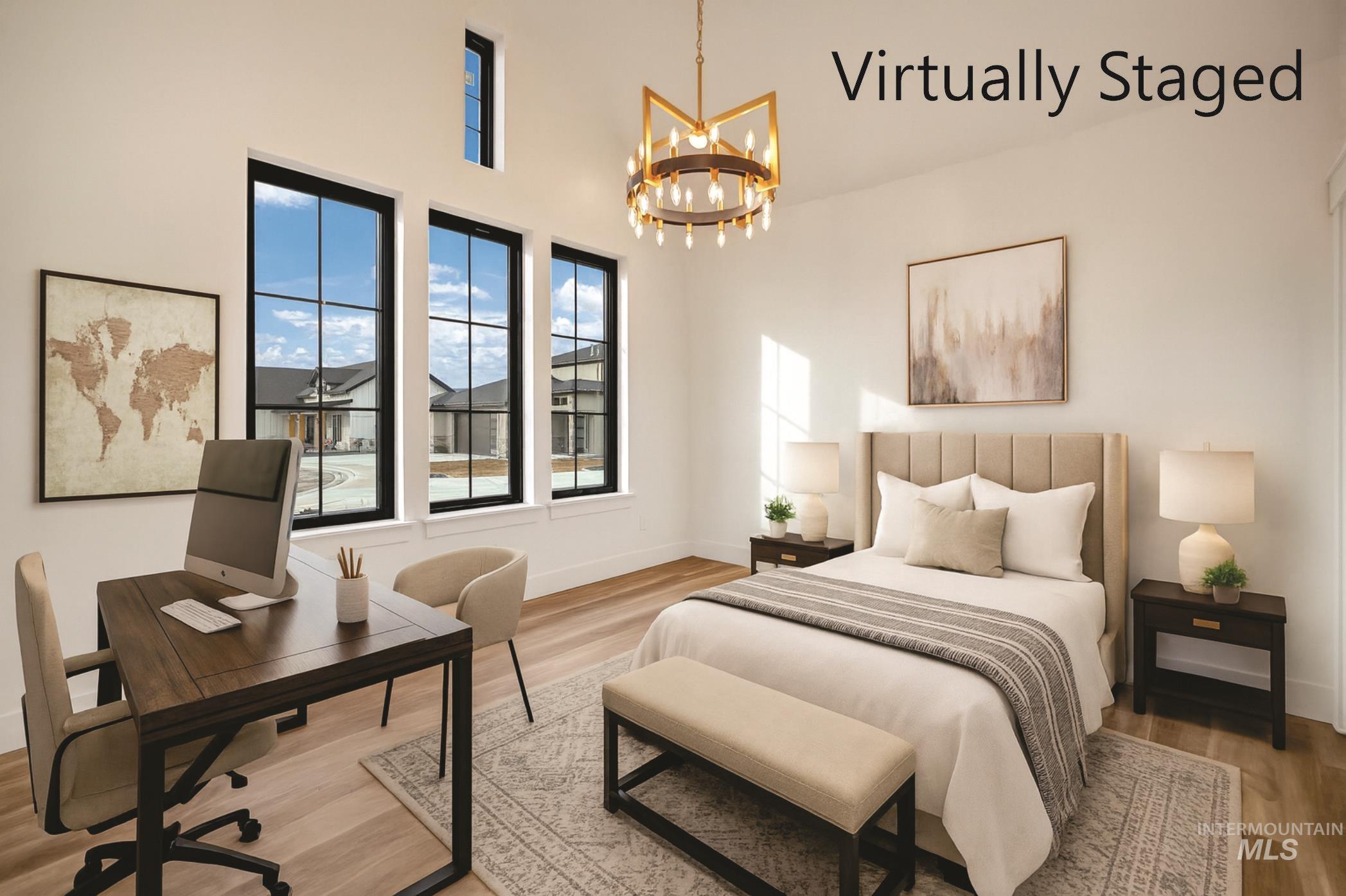 696 Full Moon Way Twin Falls, ID 83301 - Photo 6 of 48 Bedroom featuring light wood-type flooring, a desk, and a chandelier