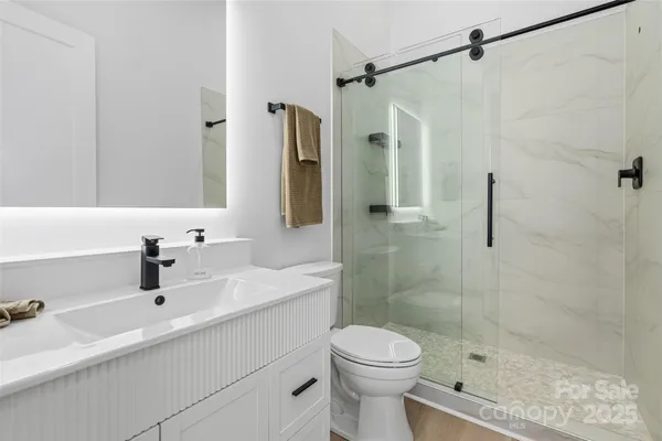 a bathroom with a sink a toilet and shower