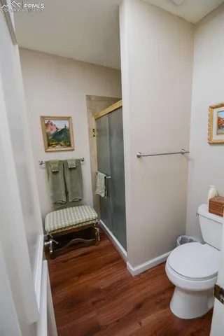 a bathroom with a toilet and a shower
