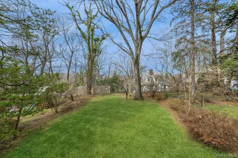 a view of a backyard with large trees