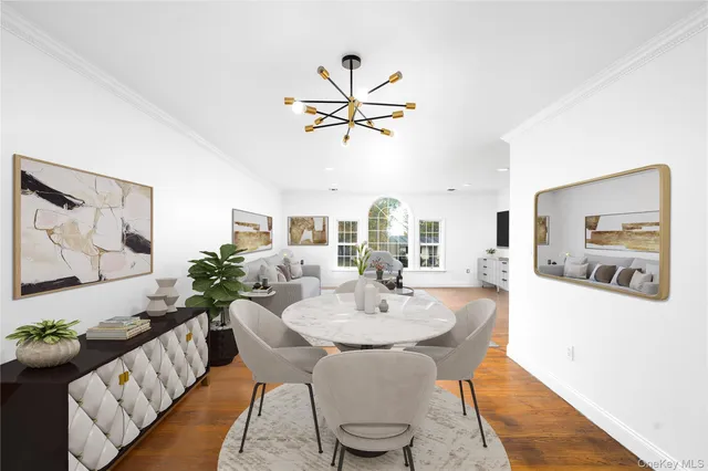 a dining room with furniture a potted plant and wooden floor