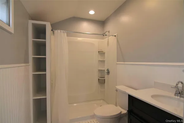 a bathroom with a sink toilet vanity and shower