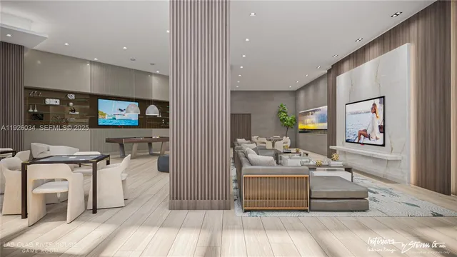 a dining room with furniture and wooden floor