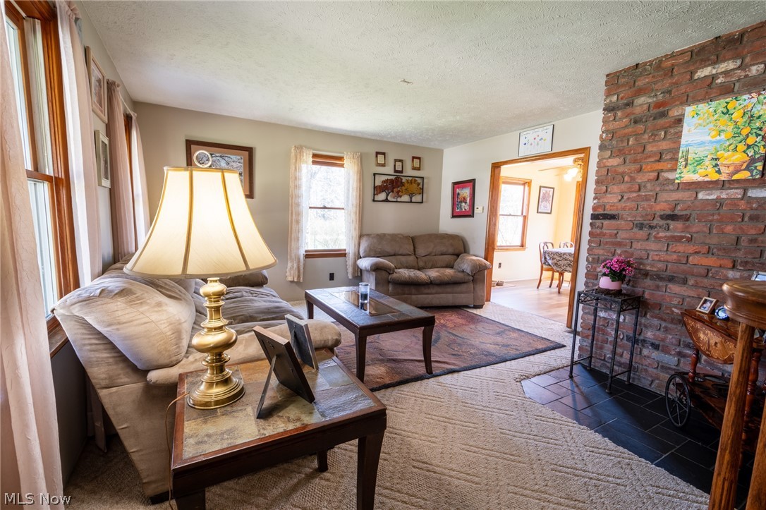 14027 Mayfield Road Huntsburg, OH 44046 - Photo 10 of 50 Living area featuring a textured carpet, exposed brick accent wall, and multiple windows with wood trim