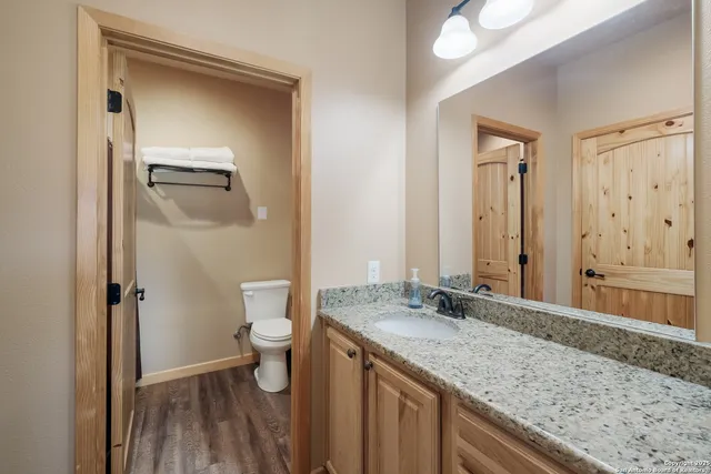 a bathroom with a granite countertop sink a toilet and shower