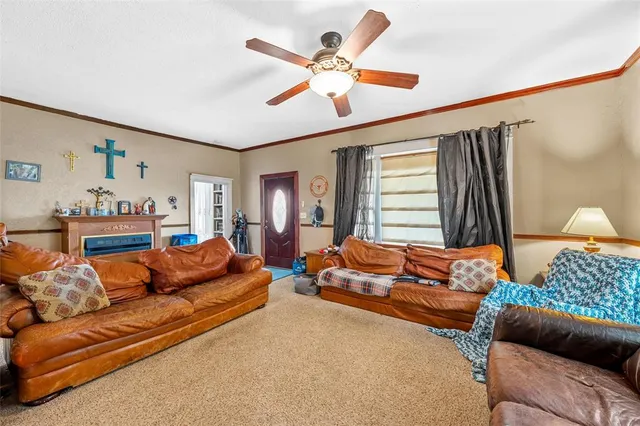 a living room with furniture ceiling fan and a window