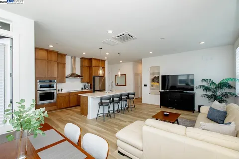 a living room with furniture kitchen view and a potted plant