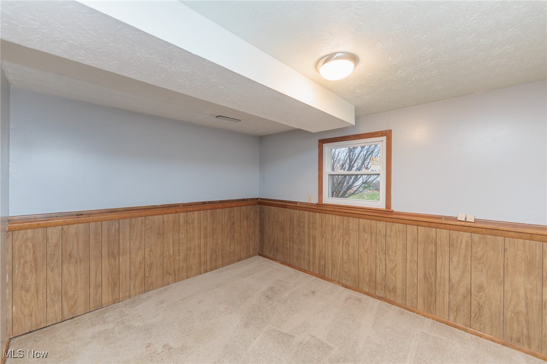 28013 Knickerbocker Road Bay Village, OH 44140 - Photo 31 of 38 Lower level bedrooom with wood walls, a textured ceiling, wainscoting, and carpet flooring