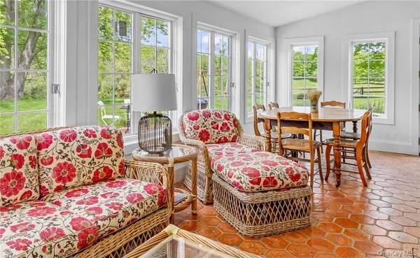 a view of a dining room with furniture and a large window