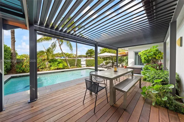 a table and chairs in wooden deck with wooden floor