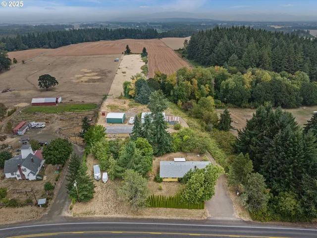 an aerial view of a residential houses with outdoor space and trees