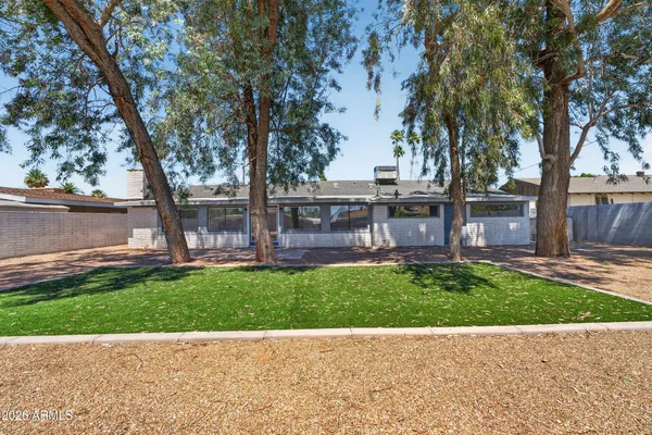 a view of backyard with table and chairs and a large tree