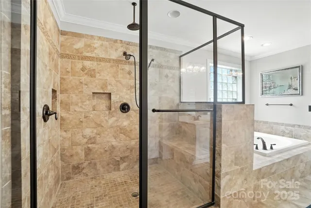 a bathroom with a bathtub and a shower