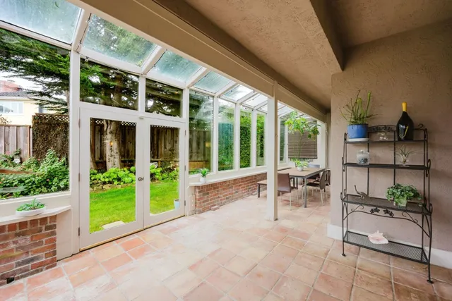 a building outdoor space with seating space and garden