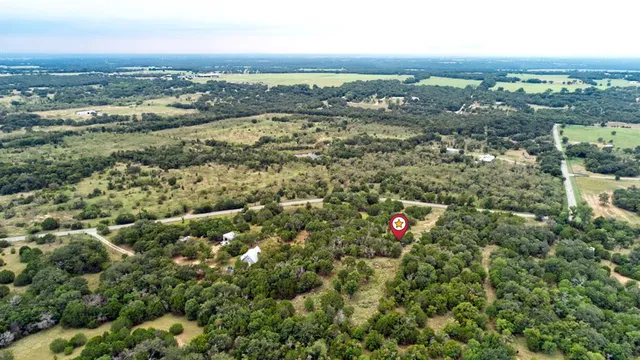 an aerial view of residential houses with outdoor space and trees