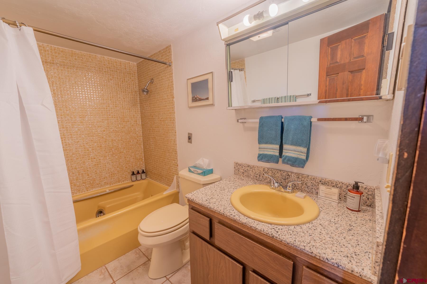 14 Snowmass Road, Unit 301 Crested Butte, CO 81225 - Photo 14 of 35 a bathroom with a granite countertop sink toilet a mirror and shower