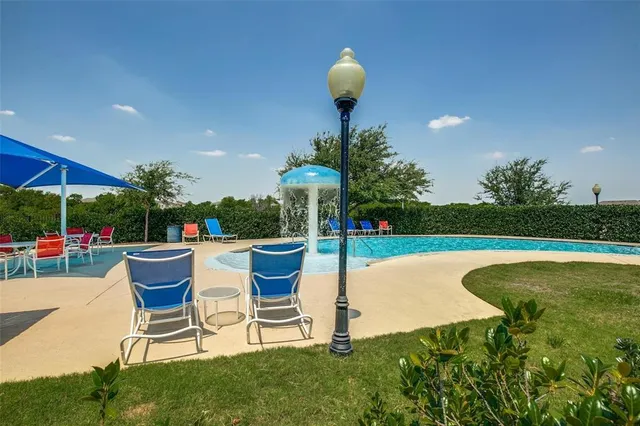 a garden view with a seating space