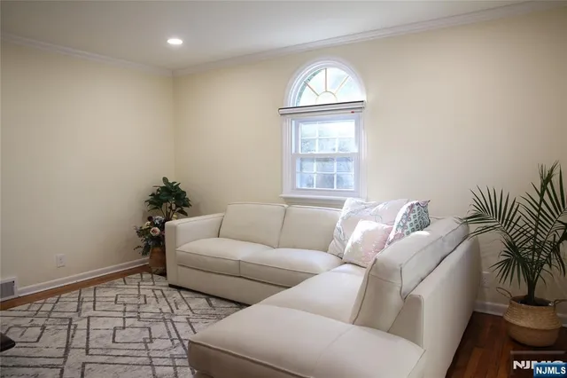 a living room with furniture a dining table and a potted plant
