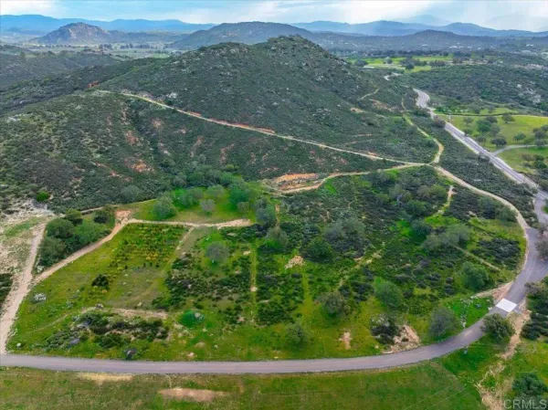 a view of a green field with mountains in the background