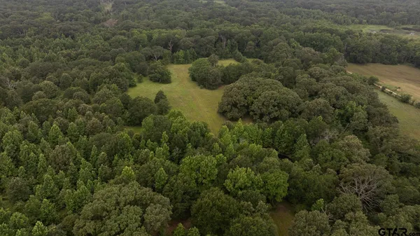 an aerial view of residential house with outdoor space and trees all around