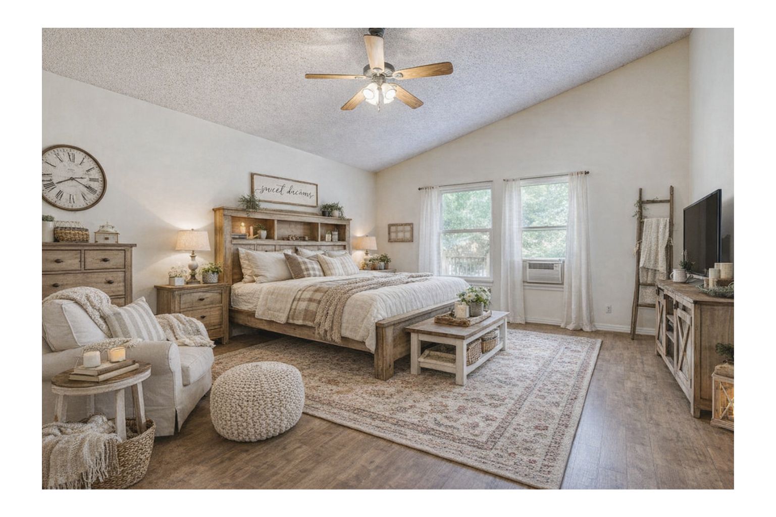 13129 New Boston Bend Austin, TX 78729 - Photo 11 of 26 Master Bedroom
(Virtual Photo) featuring vaulted ceilings with a ceiling fan