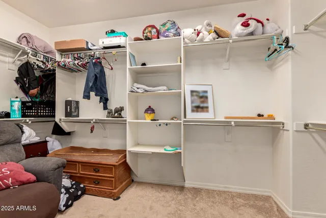 a view of walk in closet with clothes and shoes