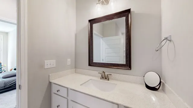 a bathroom with a sink vanity and a mirror