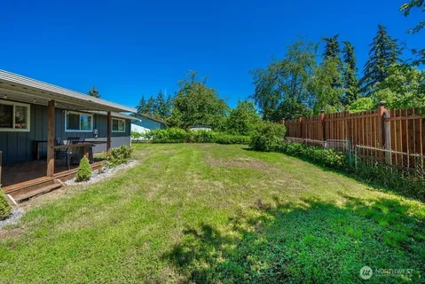 a view of a backyard with couches plants and large tree