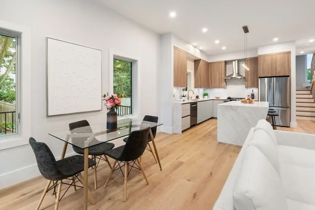a view of a dining room with furniture