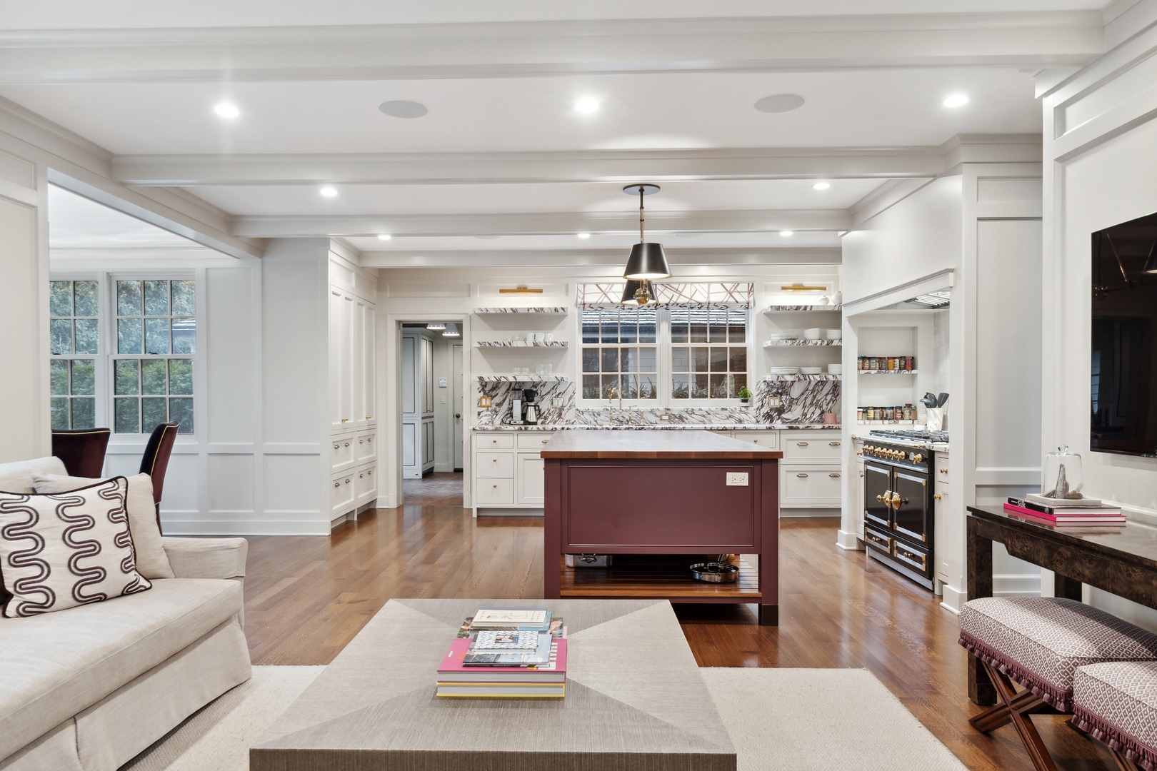 1296 North Green Bay Road Lake Forest, IL 60045 - Photo 35 of 69 a living room with furniture a flat screen tv and kitchen view