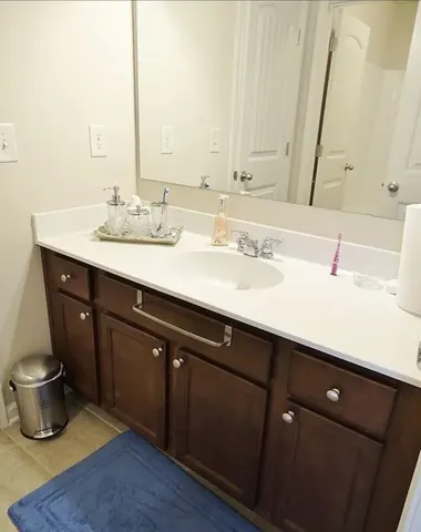 a bathroom with a sink and a mirror