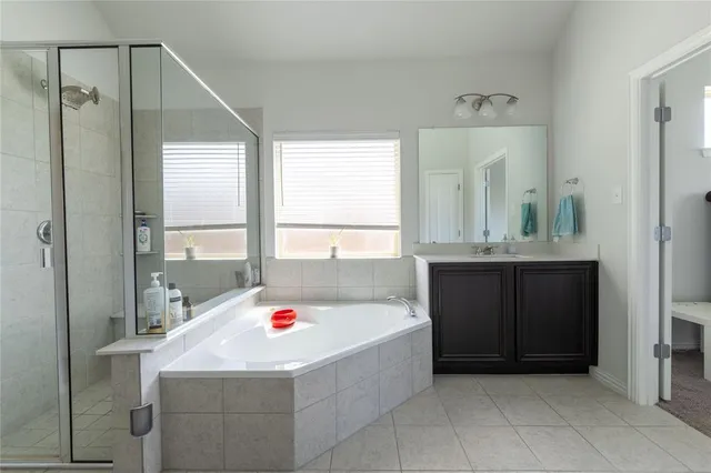 a bathroom with a tub sink and mirror