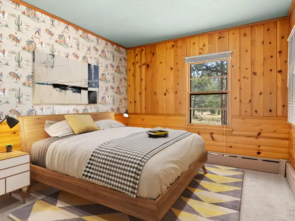 a view of a room with wooden walls