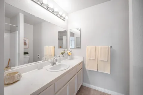 a bathroom with a sink vanity and a mirror