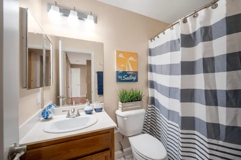 a bathroom with a sink a toilet a mirror and shower curtain