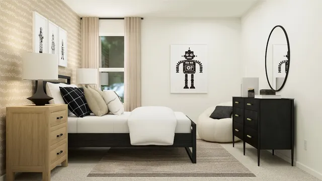 a bedroom with bed and a chandelier