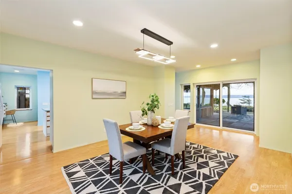 a view of a dining room with furniture