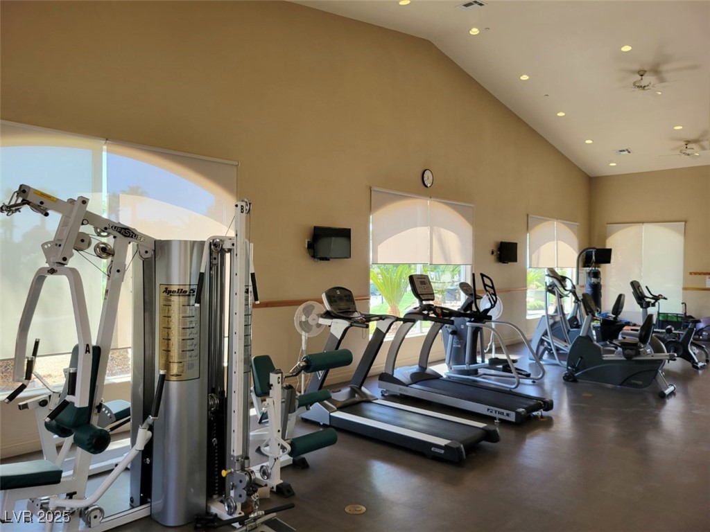 8175 Arville Street, Unit 210 Las Vegas, NV 89139 - Photo 31 of 36 Gym with high vaulted ceiling and recessed lighting