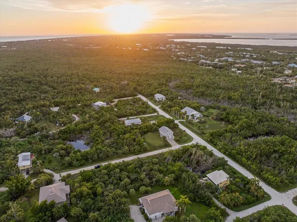 an aerial view of residential house with outdoor space and trees