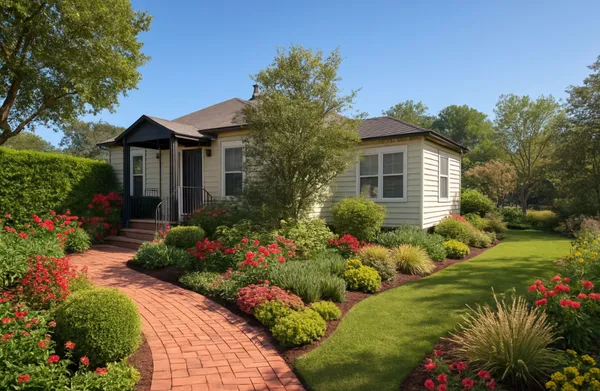 a view of a house with a lot of flower plants