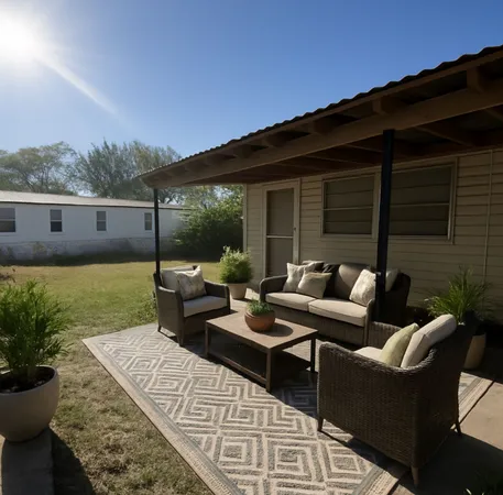 a view of a patio with couches table and chairs with potted plants